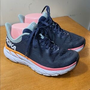 Hoka Women's Navy Blue with Pink and Orange Running Shoes. Size 7D